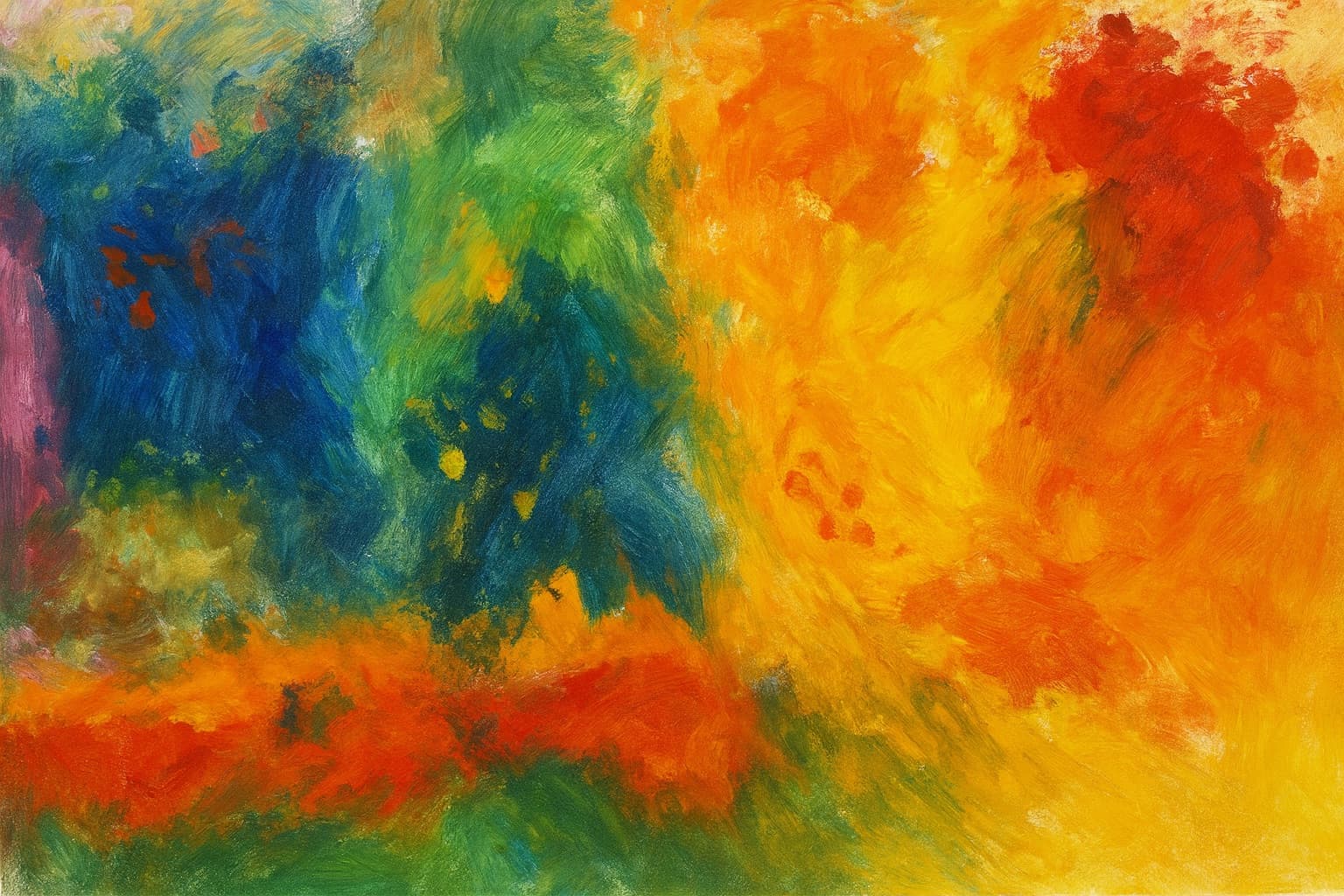 Impressionist like painting of mixed colors representing a sunset.